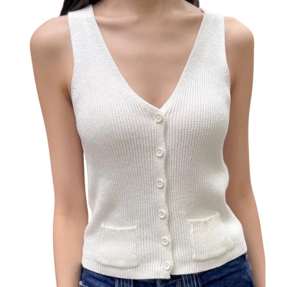 Brandy Melville New Size S Off White Elizabeth Knit Sweater Vest Button Pockets